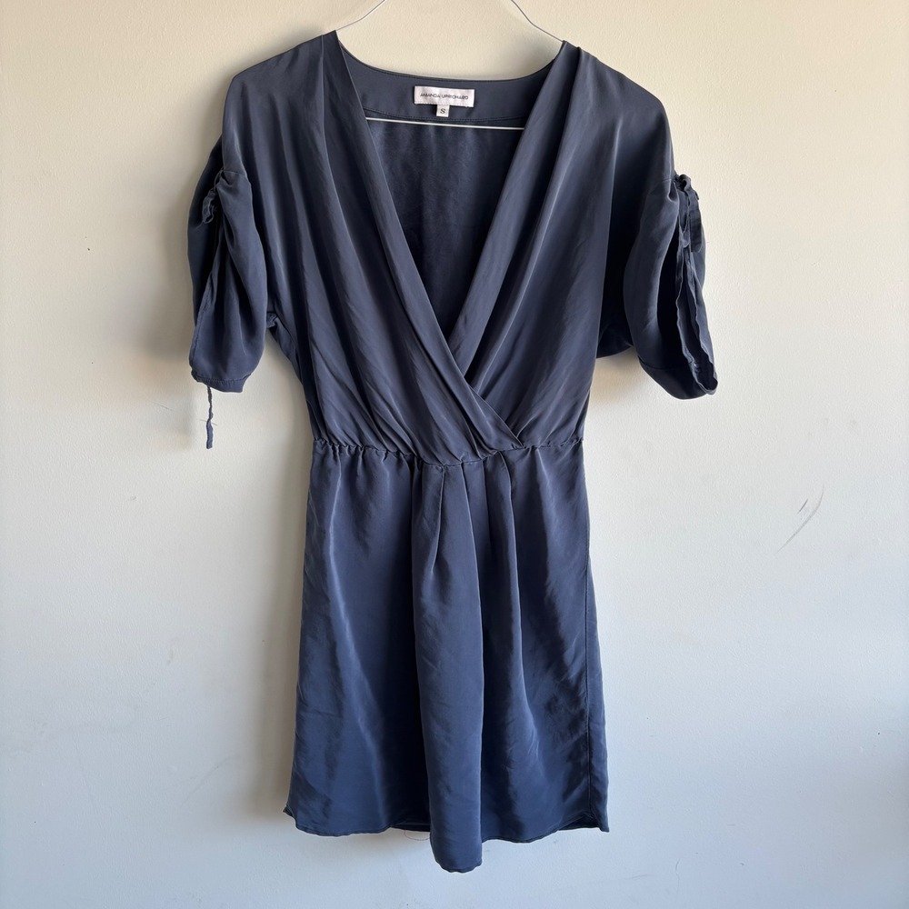 Amanda Uprichard Silk V-Neck Tie Sleeve Mini Dress Slate Blue Gray Small